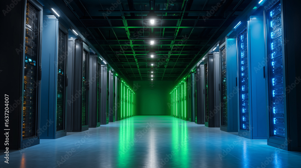Fototapeta premium Server Room with Illuminated Racks and Reflective Floor