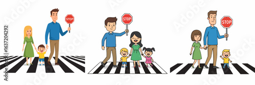 Cartoon Family Crossing Road with Stop Sign Illustration Graphic Element