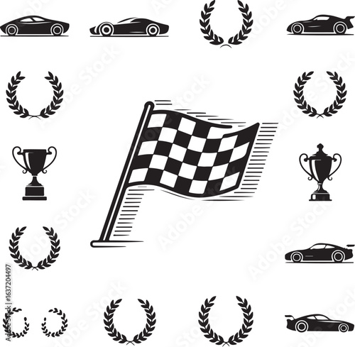 Sports racing icons with cars flags and trophies automobile