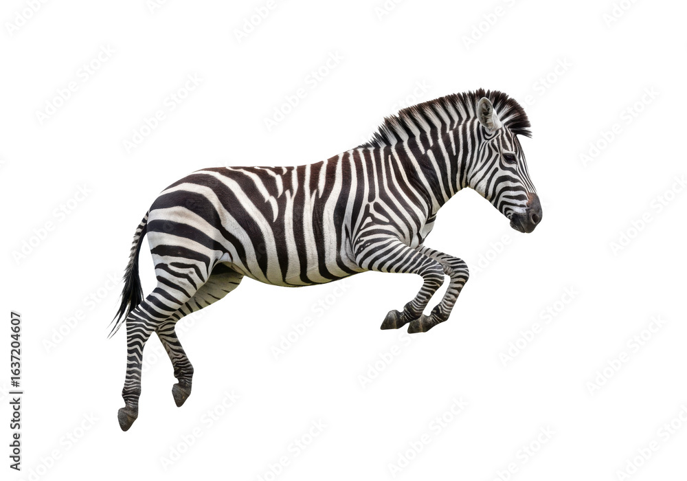 Fototapeta premium Jumping Zebra PNG Isolated on White Background – Dynamic Zebra in Mid-Air Leap, Wildlife Action Shot, African Safari Animal, Nature and Conservation Concept for Design and Educational Use