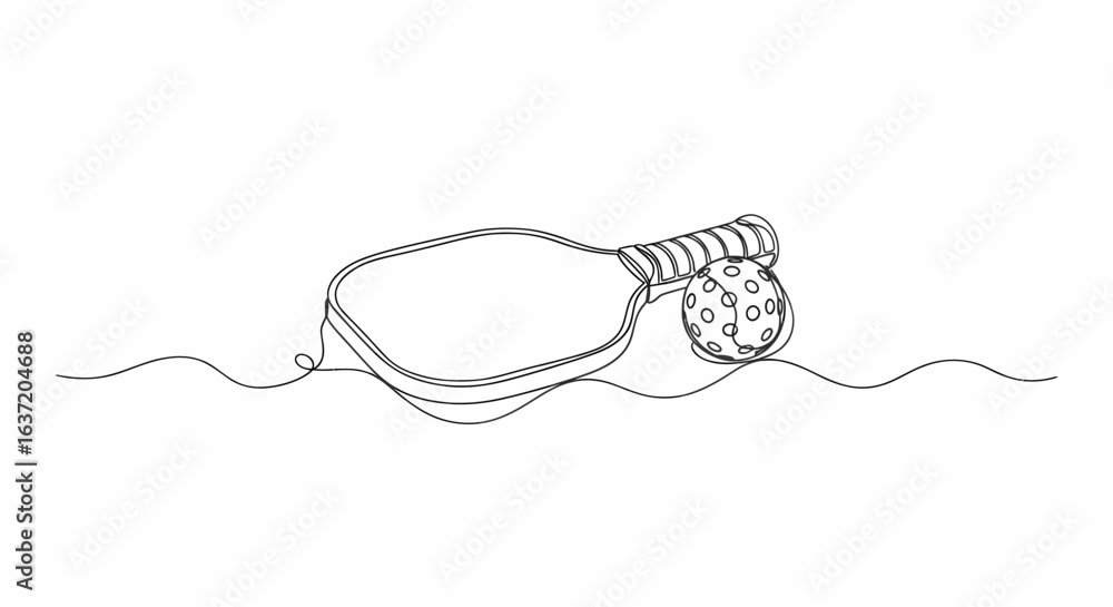 Obraz premium Hand drawn pickleball paddle and ball minimal line art with simple court ground line, elegant vector outline design for instruction manuals, icons, and minimalist branding 