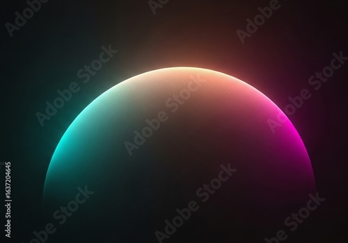 Illustration of abstract glowing sphere with neon light gradient on dark background
