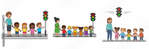 Cartoon Illustration of Teacher Escorting Diverse Students at Traffic Light