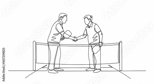Hand drawn pickleball paddle doubles handshake at the net, minimal line art sportsmanship moment for instructional guides, posters, and community club branding materials in modern vector outline style