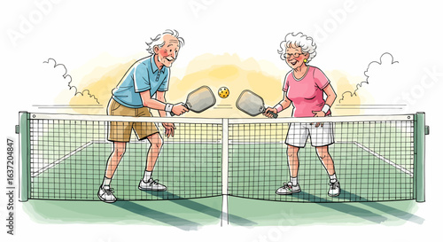 Hand drawn pickleball paddle senior players rallying on court, friendly doubles match illustration with joyful expressions, active lifestyle concept for health, recreation, and sports community events
