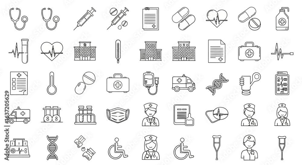Comprehensive set of medical and healthcare line art icons. Black and white symbols for hospital, doctor, and science. Comprehensive set of medical and healthcare line art icons. Black and white symbols for hospital, doctor, and science.