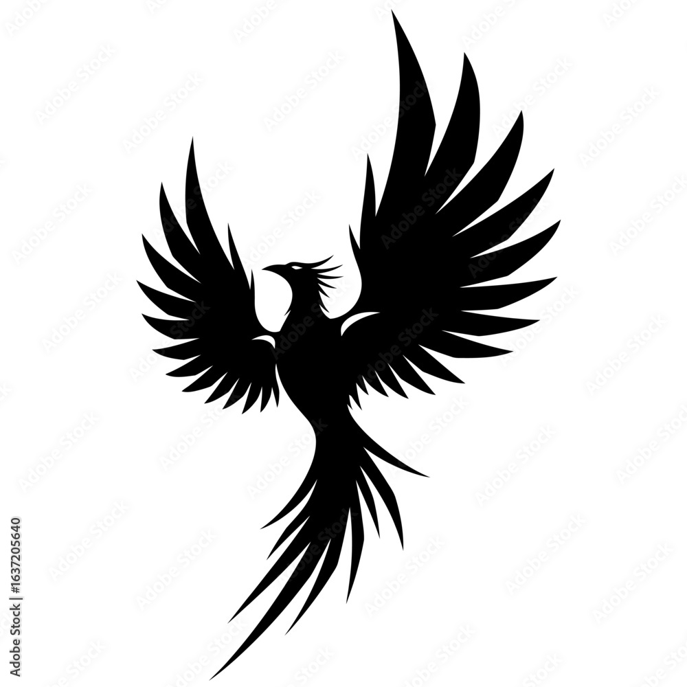 Obraz premium Dynamic black phoenix silhouette rising with stylized wings and flowing tail feathers.