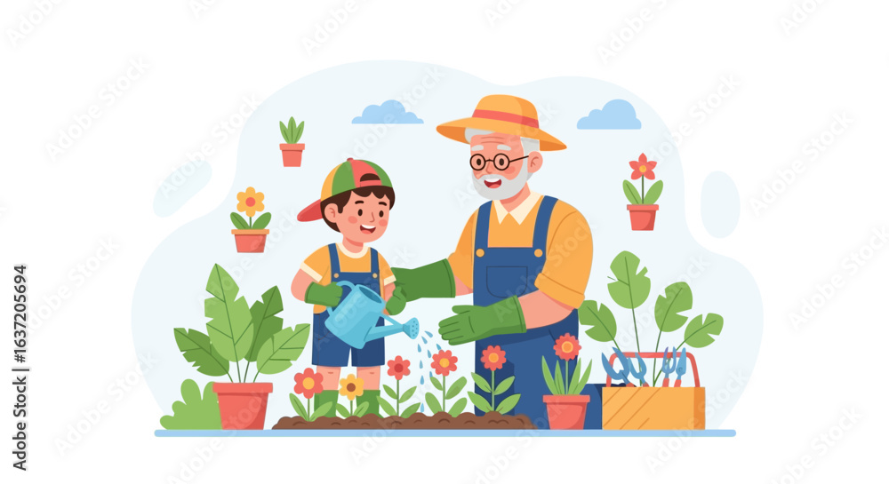 Happy grandfather and grandson in overalls gardening, the boy waters flowers while the man watches. Happy grandfather and grandson in overalls gardening, the boy waters flowers while the man watches.