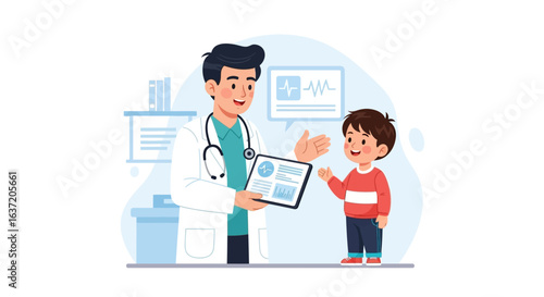 Friendly pediatrician showing a young boy his health results on a digital tablet, both smiling in a positive medical consultation.