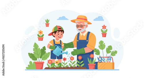 Happy grandfather and grandson in overalls gardening, the boy waters flowers while the man watches.