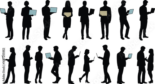 Flat vector illustration of diverse business people silhouettes standing with laptops and tablets in professional poses for corporate workplace design concepts