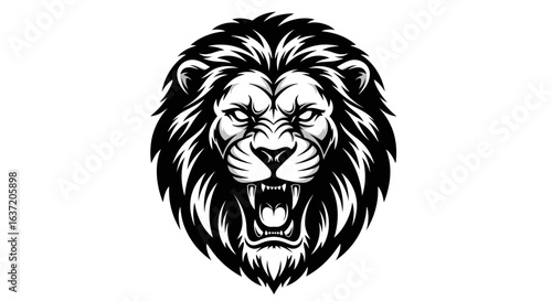 Stylized black and white roaring lion head with a fierce expression and sharp fangs.