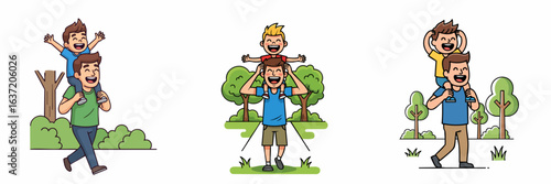 Cartoon Illustration of Father Carrying Son on Shoulders, Celebrating Family Moment