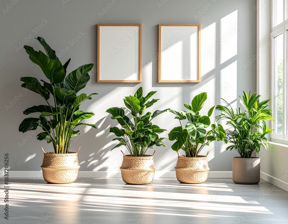 Fototapeta premium 햇살 가득한 거실의 액자와 화분 목업 Sunlit Living Room Frame and Plant Mockup