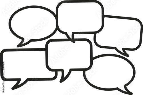 Flat vector illustration of multiple empty speech bubbles, communication symbols, conversation concept, chat message frames, dialogue design elements, social interaction graphic