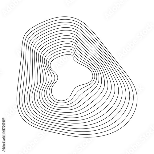 Topographic shape with pattern of wavy concentric lines. Organic circular ripple lines. Geometric contour fluid relief element. dynamic wavy black lines isolated on a pure white background