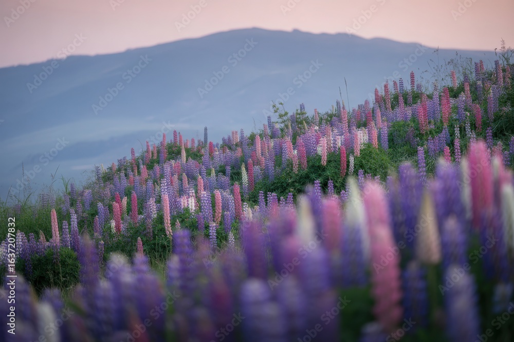 Naklejka premium Vast field of purple lupine flowers on a mountain slope at dusk