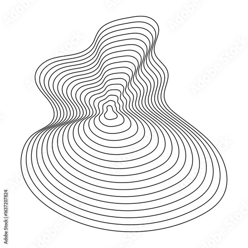 Topographic shape with pattern of wavy concentric lines. Organic circular ripple lines. Geometric contour fluid relief element. dynamic wavy black lines isolated on a pure white background