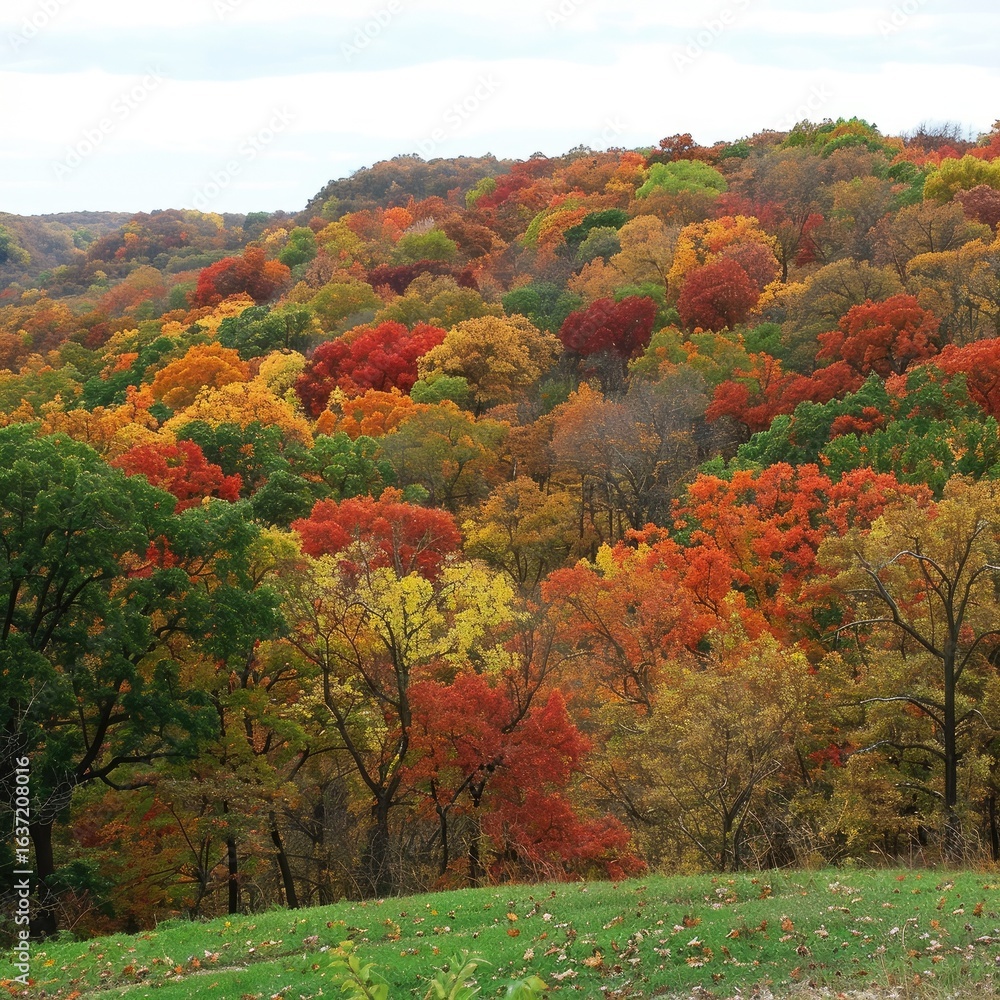 Autumn foliage blankets a hillside, displaying a vibrant tapestry of reds, oranges, yellows, and greens. A grassy foreground slopes gently upward to meet the colorful forest. Overcast sky Autumn foliage blankets a hillside, displaying a vibrant tapestry of reds, oranges, yellows, and greens. A grassy foreground slopes gently upward to meet the colorful forest. Overcast sky