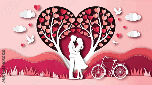 Paper cut couple embracing under heart-shaped tree with bicycle love romance