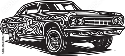 Black and White Lowrider Car – Tattoo Style Vector Illustration