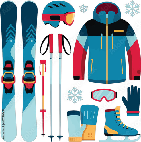 Ski Equipment Set with Skis, Helmet, Goggles, Jacket, and Boots
