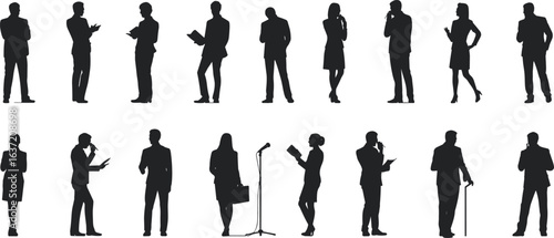 Silhouette business people standing, talking, reading, presenting, using technology, professional posture, corporate meeting, teamwork, leadership, flat vector illustration