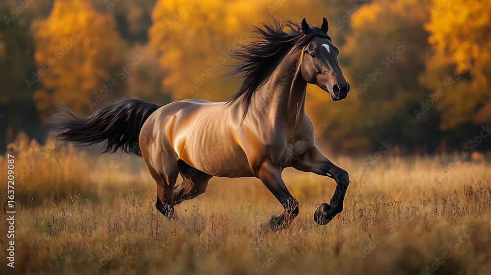 Obraz premium Strong brown horse with white diamond flame on forehead running on golden-brown grass, dark brown mane and tail flowing to show speed, smooth muscular coat reflecting light, warm orange autumn leaves 