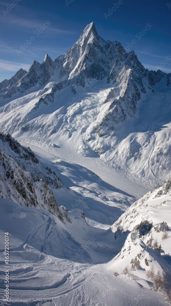 Snowy mountain peak, winter landscape. Vast snowy slopes and peaks under a clear blue sky Snowy mountain peak, winter landscape. Vast snowy slopes and peaks under a clear blue sky