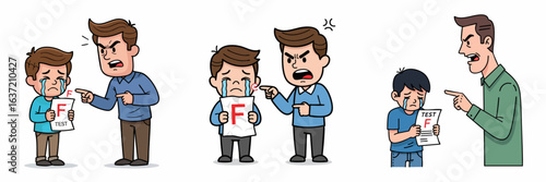 Cartoon Upset Father Scolding Son With Bad Grade On Paper Illustration