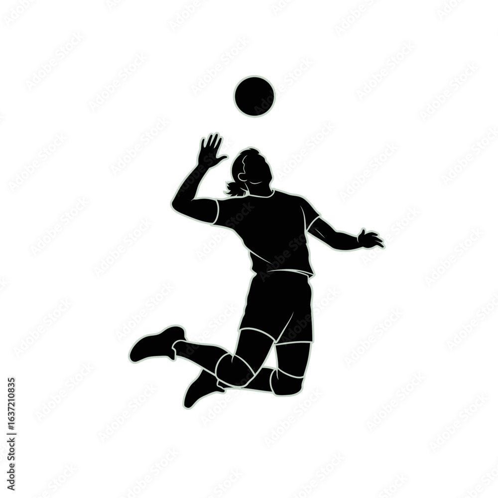 Naklejka premium A dynamic black silhouette of a female volleyball player jumping to spike the ball.