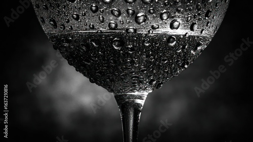 Water droplets cling to the cold glass of a liquid-filled wine glass in black & white