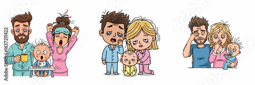 Cartoon Exhausted Parent and Baby Set in Pajamas Lifestyle Illustration
