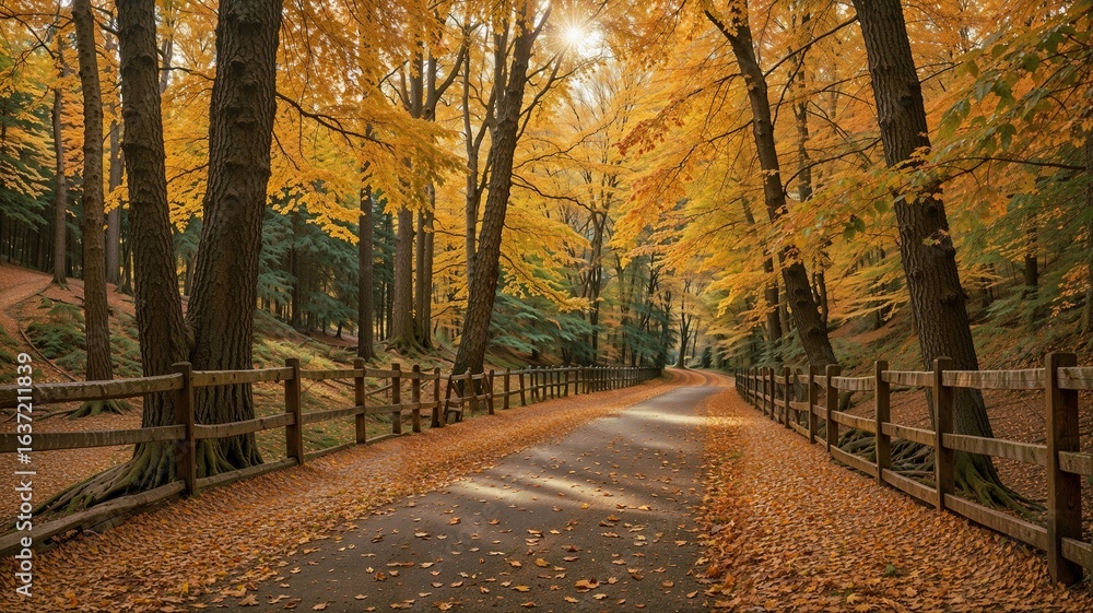 Naklejka premium Autumn's Embrace: A Peaceful Forest Path