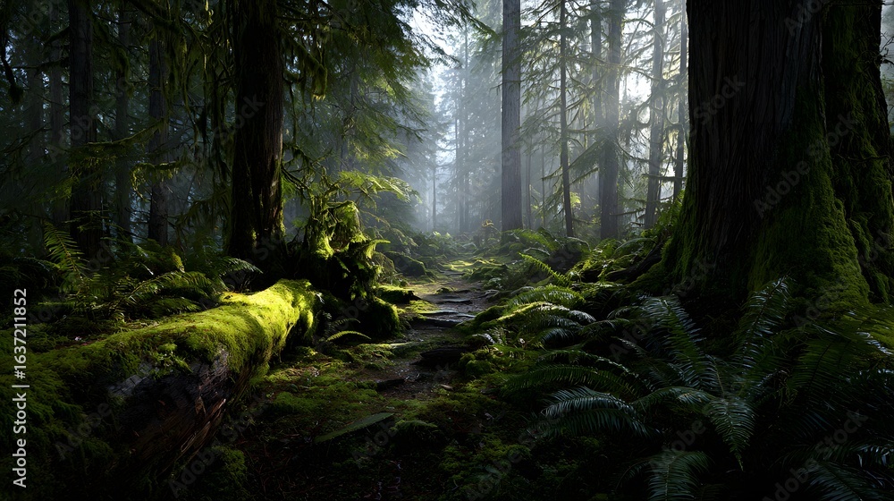 Obraz premium Sunlight filters through a misty forest path.