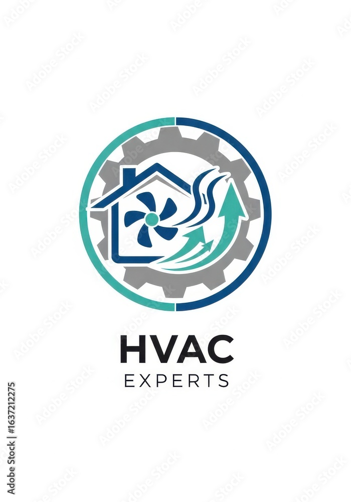 Fototapeta premium Modern hvac service emblem with house, fan and arrow design, vector concept