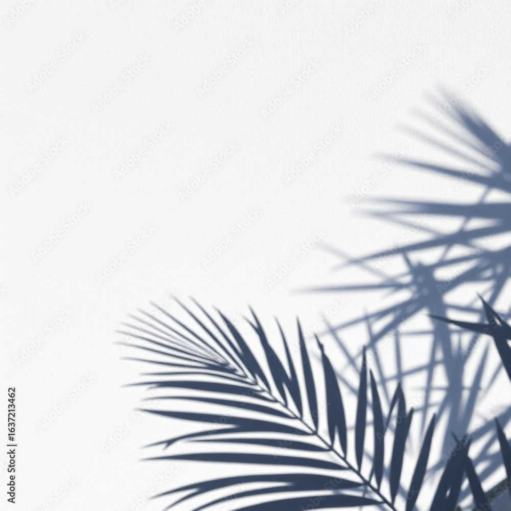 Fototapeta premium shadow palm leaf in the wind blowing overlay on white wall background wall textures