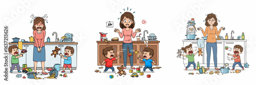 Handdrawn Depressed Mother with Crying Children in Messy Kitchen Illustration