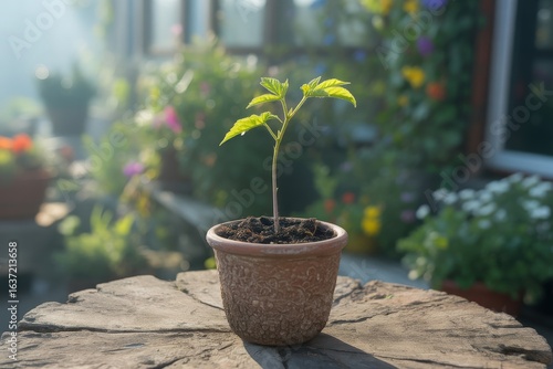 Young tomato plant growing in a pot on a wooden surface