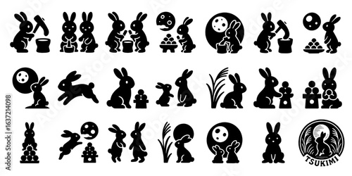 十五夜月見にぴったりなウサギのフラットデザインシルエットアイコンセット、Flat Design Silhouette Icon Set of Rabbits for Tsukimi Moon Viewing