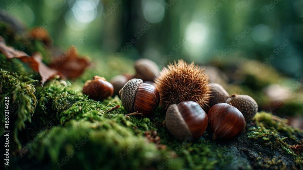 Fototapeta premium Acorns and Chestnuts Among Mossy Forest Floor