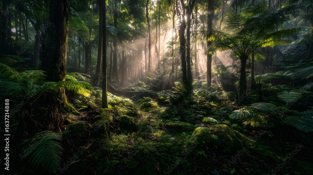 Fototapeta premium Sunlight filtering through a lush forest.
