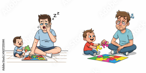 Cute Cartoon Overwhelmed Father Playing Puzzle Game with His Cheerful Son