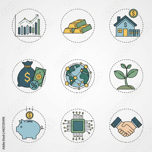 Investment / Finance Items Icon Set (Color). A Set of Color Icons Themed Around Investment and Finance with Money, Documents, a Globe, and a Growing Plant. Investment, Finance, Business, Growth, Asset