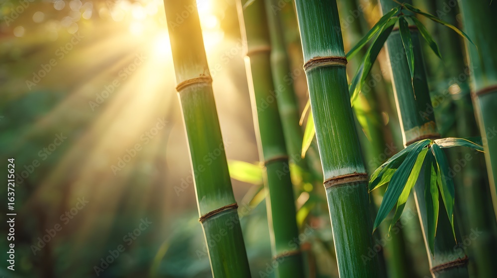 Obraz premium Lush bamboo stalks in a sunlit forest.