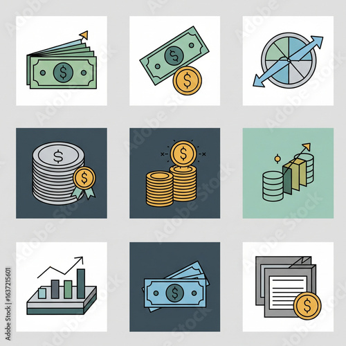 Finance / Business Icon Set (Color). Set of Color Icons Themed Around Finance and Business with Money, Graphs, Pie Charts, and Coins. Finance, Investment, Business, Economy, Data, Idea.
