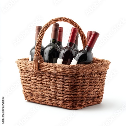 Basket filled with red wine bottles