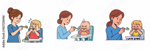 Simple Line Art Sequence Illustration of Mother Feeding Displeased Baby