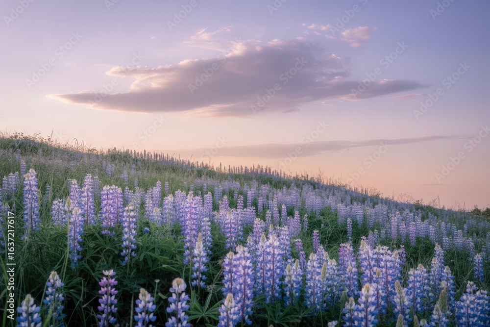 Fototapeta premium Purple lupine flowers bloom on a hillside under a soft twilight sky