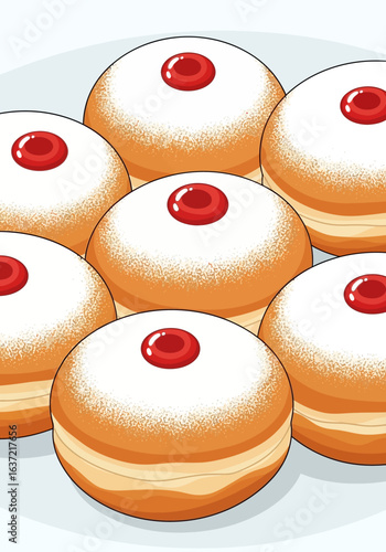 Illustration of seven round, golden donuts topped with white sugar and red jelly.